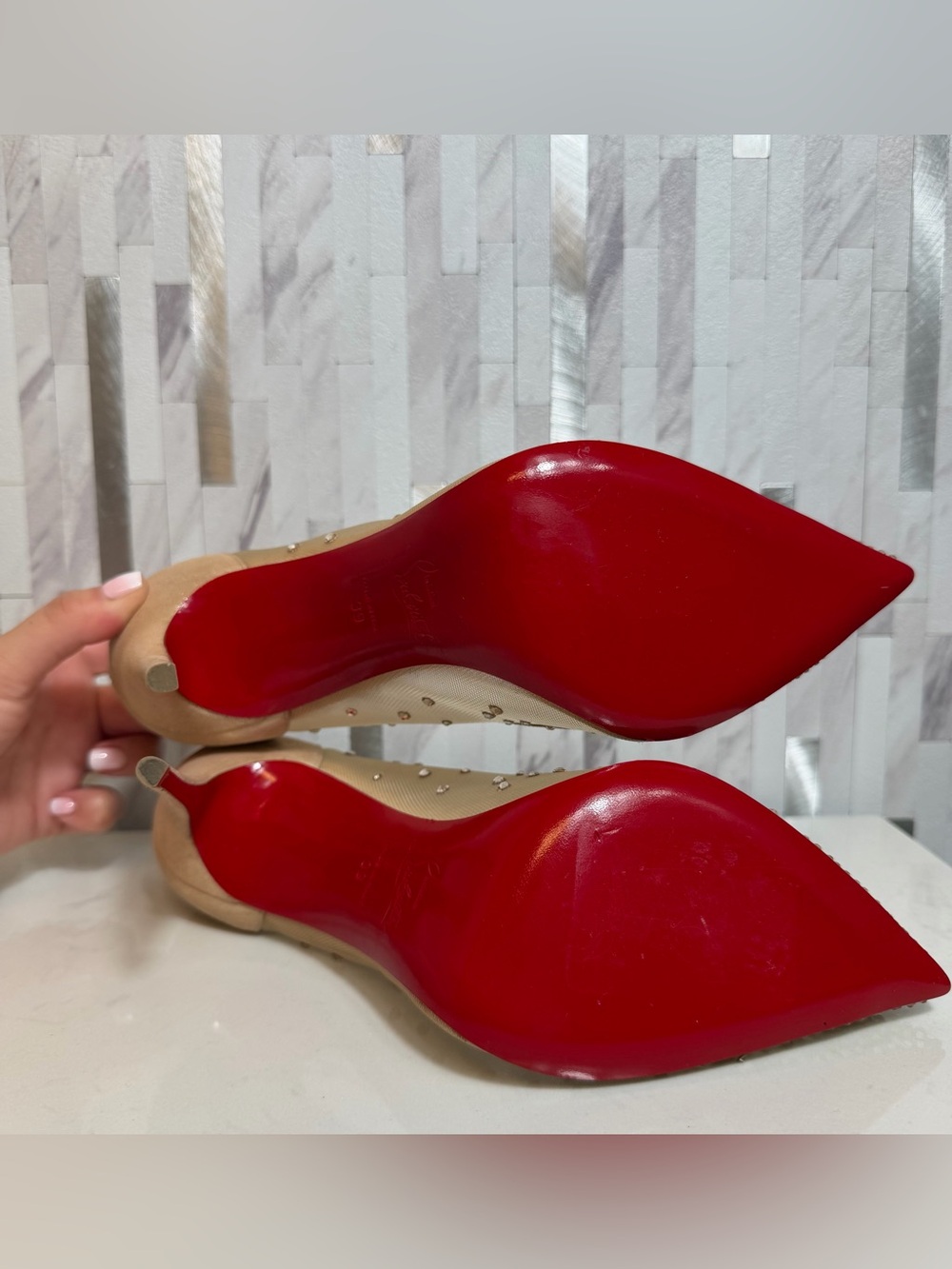 💎Christian Louboutin Nude Follies Strass Suede Rhinestones Heels 100 Size 39 - Picture 13 of 15